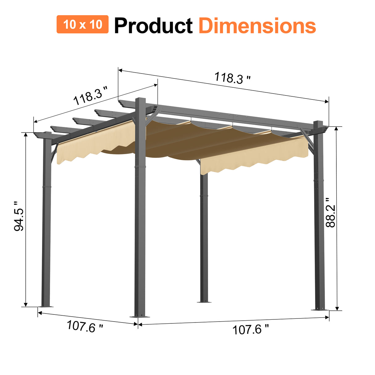 10x10 ft Patioslife Atlantic retractable pergola product dimension diagram with beige adjustable canopy and charcoal frame