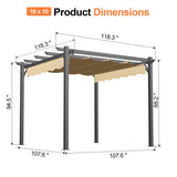 10x10 ft Patioslife Atlantic retractable pergola product dimension diagram with beige adjustable canopy and charcoal frame