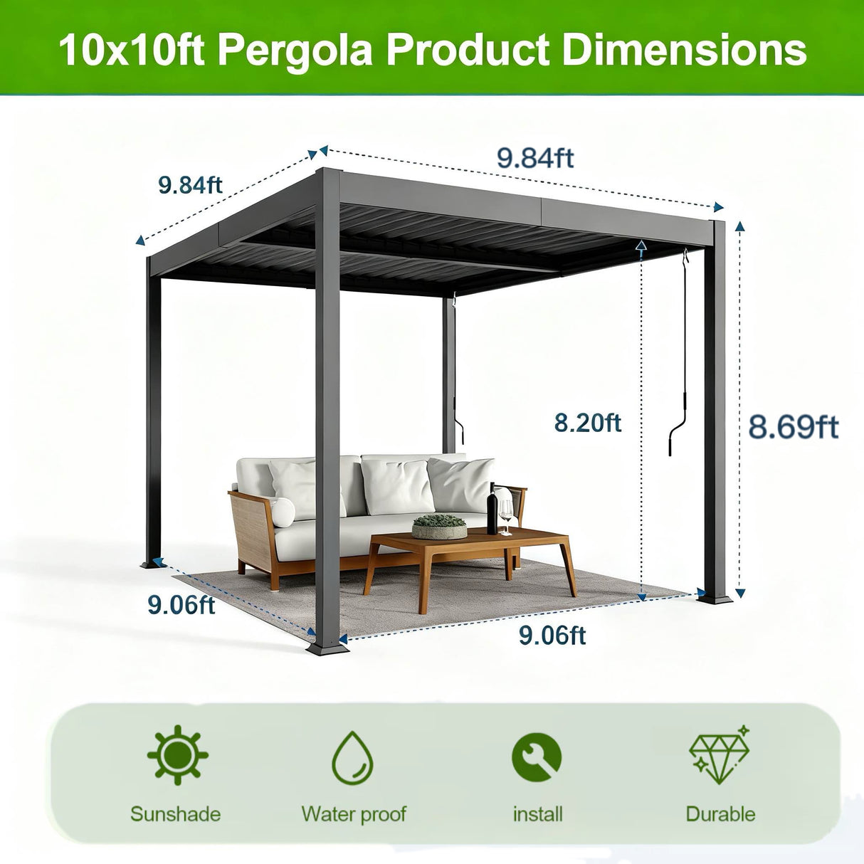 Patioslife Atlantic 10×10ft charcoal aluminum louvered pergola product dimension guide with outdoor sofa, coffee table and adjustable roof structure