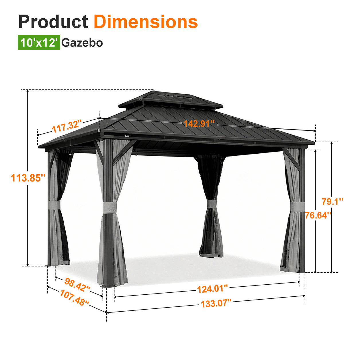 Patioslife Haven 10' x 12' hardtop pergola gazebo dimension chart showing roof width, post spacing, entry height and overall structure measurements