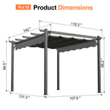 10x12 ft charcoal Patioslife Atlantic retractable pergola dimension diagram with adjustable canopy and outdoor frame
