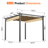 10x12 ft Patioslife Atlantic retractable pergola product dimension diagram with beige canopy and charcoal outdoor frame