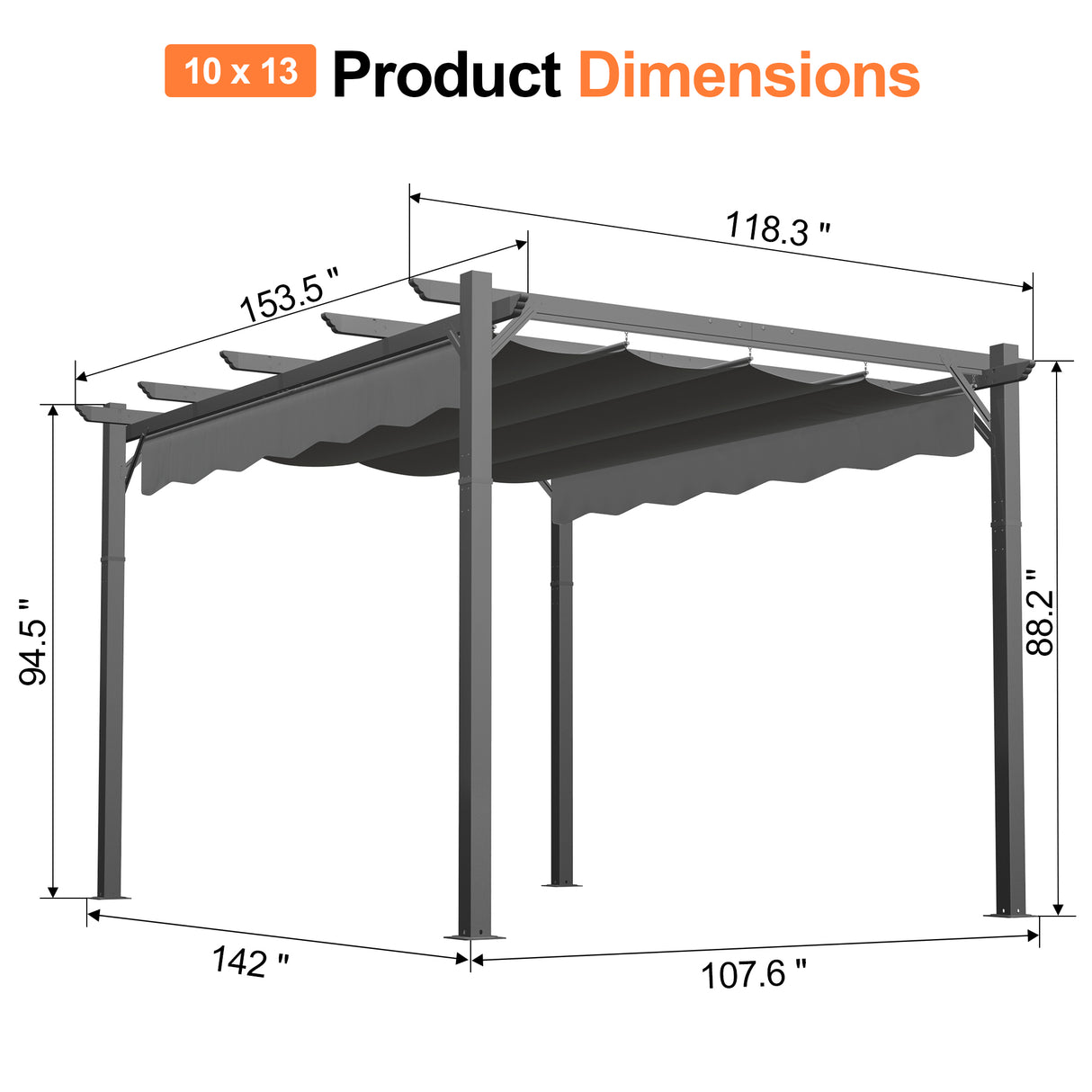 10x13 ft charcoal Patioslife Atlantic retractable pergola dimension diagram with adjustable canopy and reinforced frame