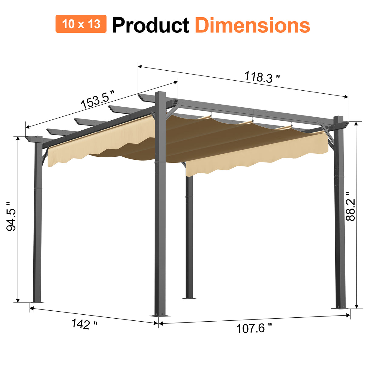 10x13 ft Patioslife Atlantic retractable pergola product dimension diagram with beige retractable canopy and charcoal frame