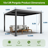 Patioslife Atlantic 10×13ft aluminum louvered pergola dimension guide with adjustable roof, patio sofa setup, frame height and coverage measurements
