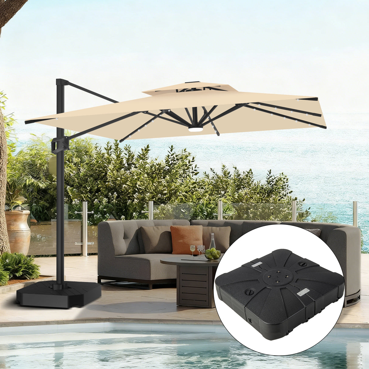 Patioslife Aegis Pro Cantilever Umbrella with LED Lights, Reinforced & Powder-Coated Aluminium Ribs and Pole — Perfect for Garden & Patio
