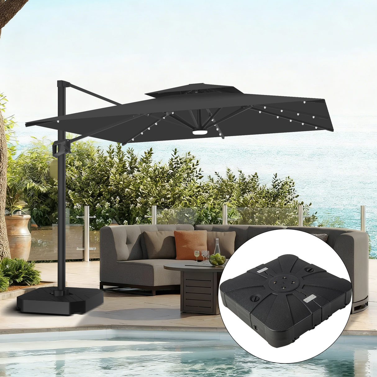 Patioslife Aegis Pro Cantilever Umbrella with LED Lights, Reinforced & Powder-Coated Aluminium Ribs and Pole — Perfect for Garden & Patio