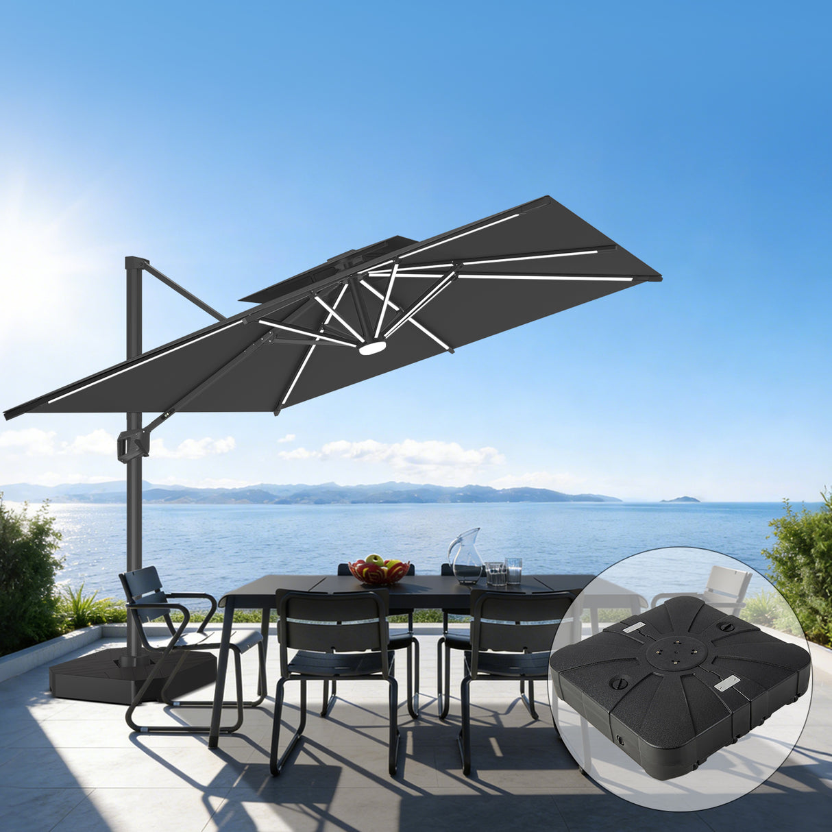 Patioslife Aegis Premium Cantilever Umbrella with Full-Rib LED Strip Lighting, Fibreglass Ribs and Powder-Coated Aluminium Pole for Luxury Garden & Patio Shade