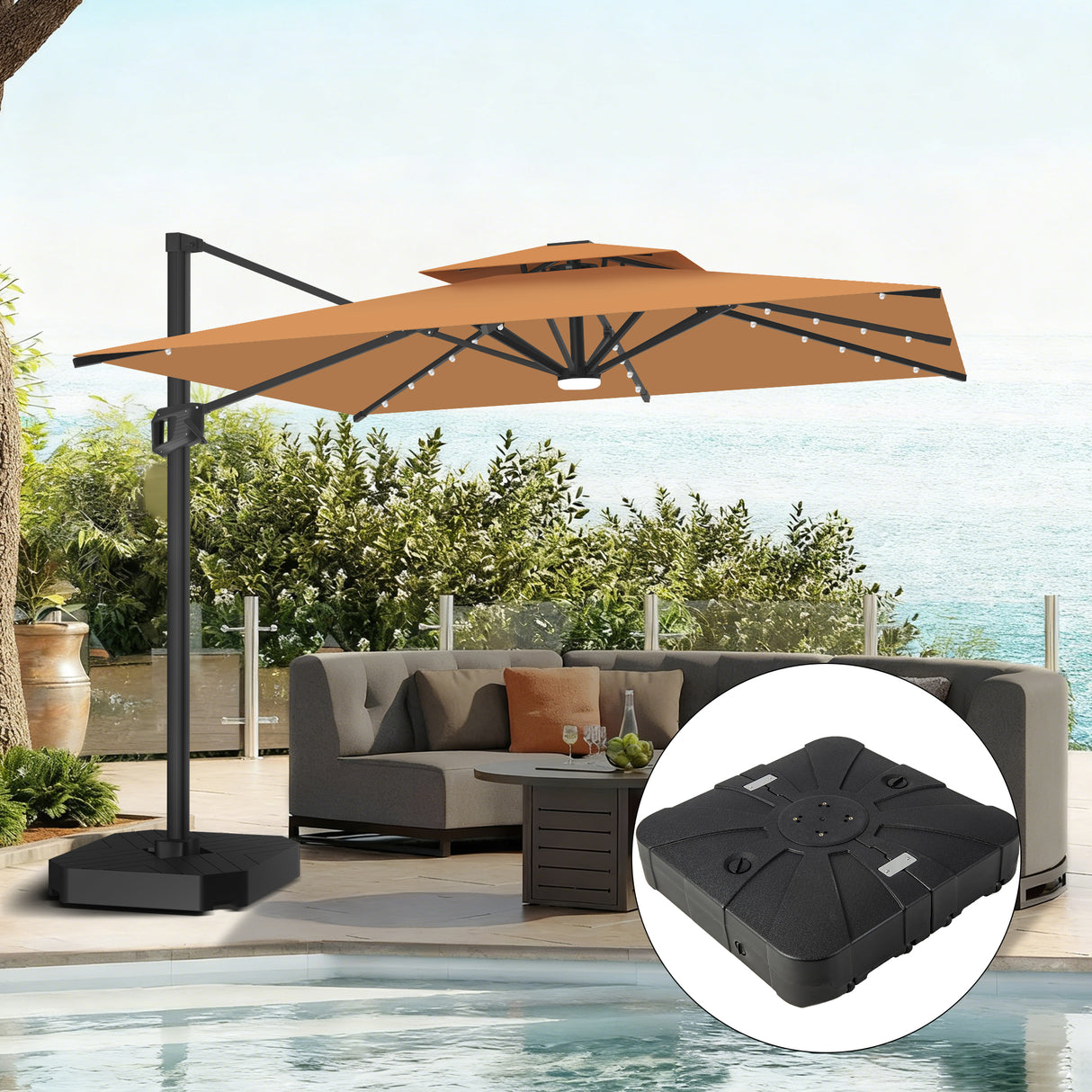 Patioslife Aegis Pro Cantilever Umbrella with LED Lights, Reinforced & Powder-Coated Aluminium Ribs and Pole — Perfect for Garden & Patio