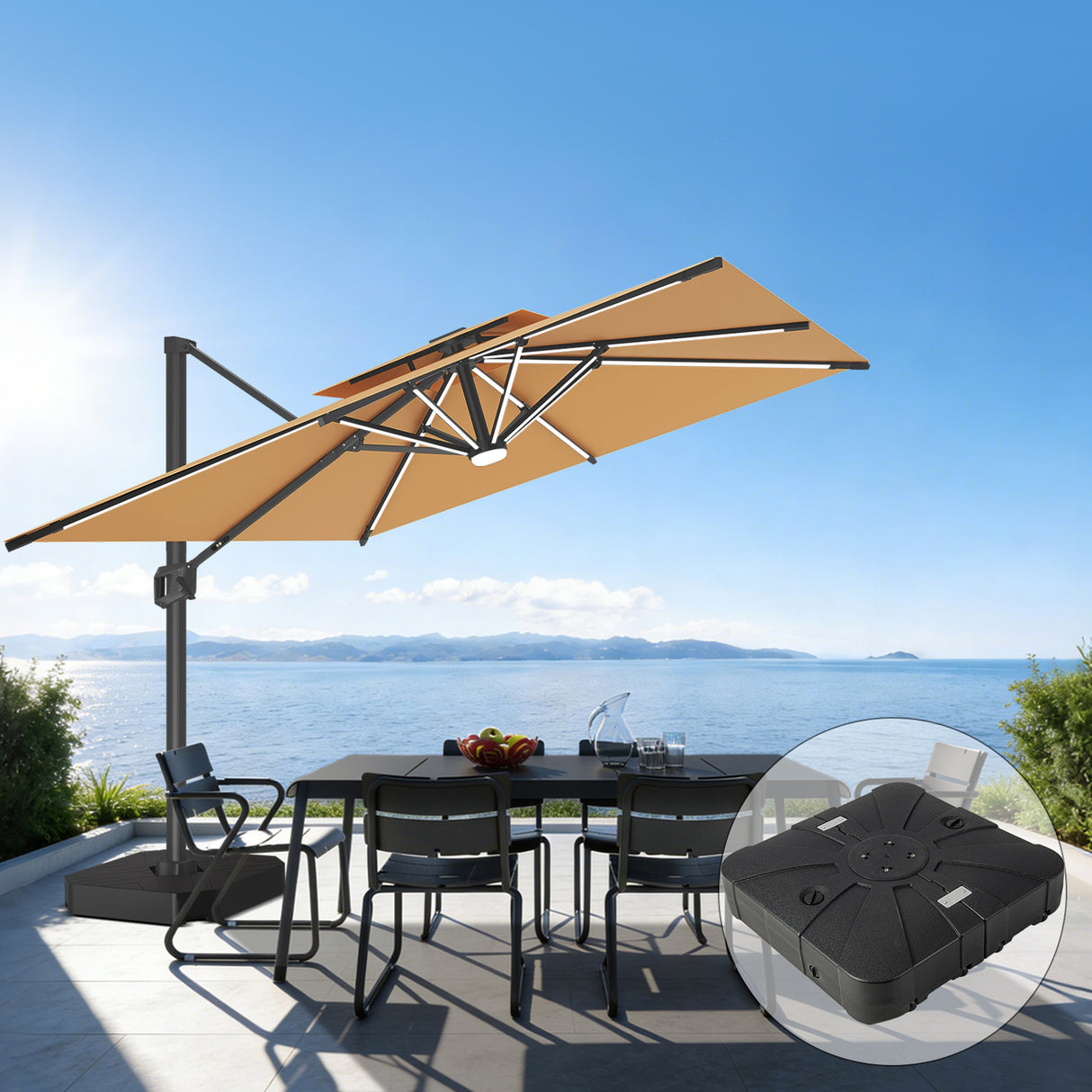 Patioslife Aegis Premium Cantilever Umbrella with Full-Rib LED Strip Lighting, Fibreglass Ribs and Powder-Coated Aluminium Pole for Luxury Garden & Patio Shade