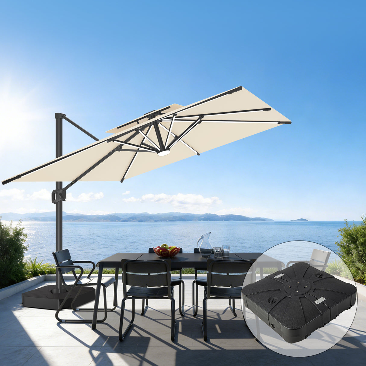 Patioslife Aegis Premium Cantilever Umbrella with Full-Rib LED Strip Lighting, Fibreglass Ribs and Powder-Coated Aluminium Pole for Luxury Garden & Patio Shade