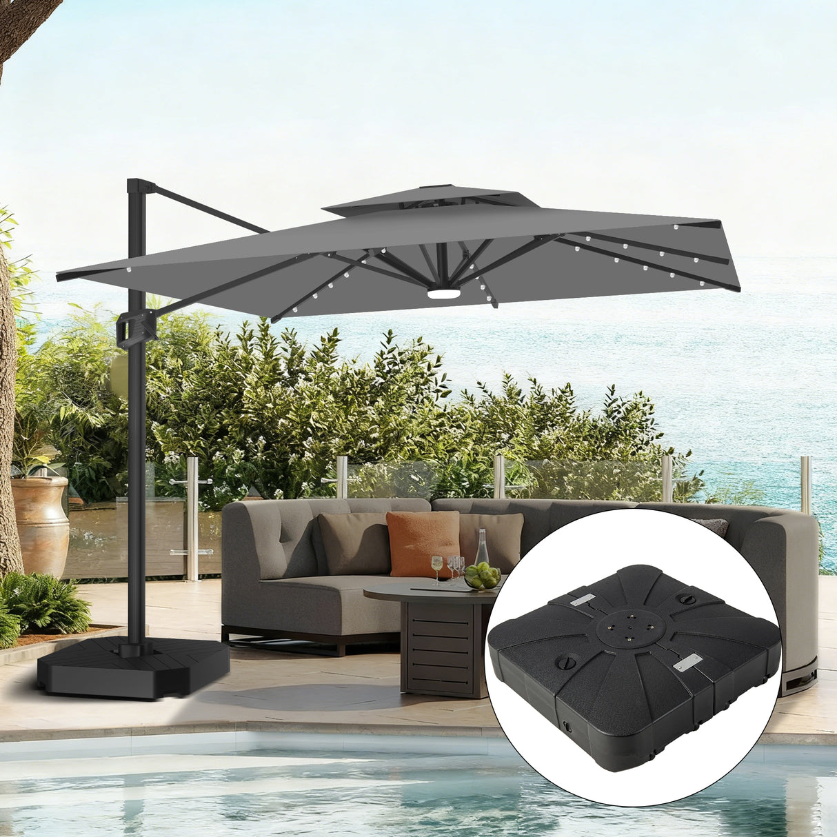 Patioslife Aegis Pro Cantilever Umbrella with LED Lights, Reinforced & Powder-Coated Aluminium Ribs and Pole — Perfect for Garden & Patio