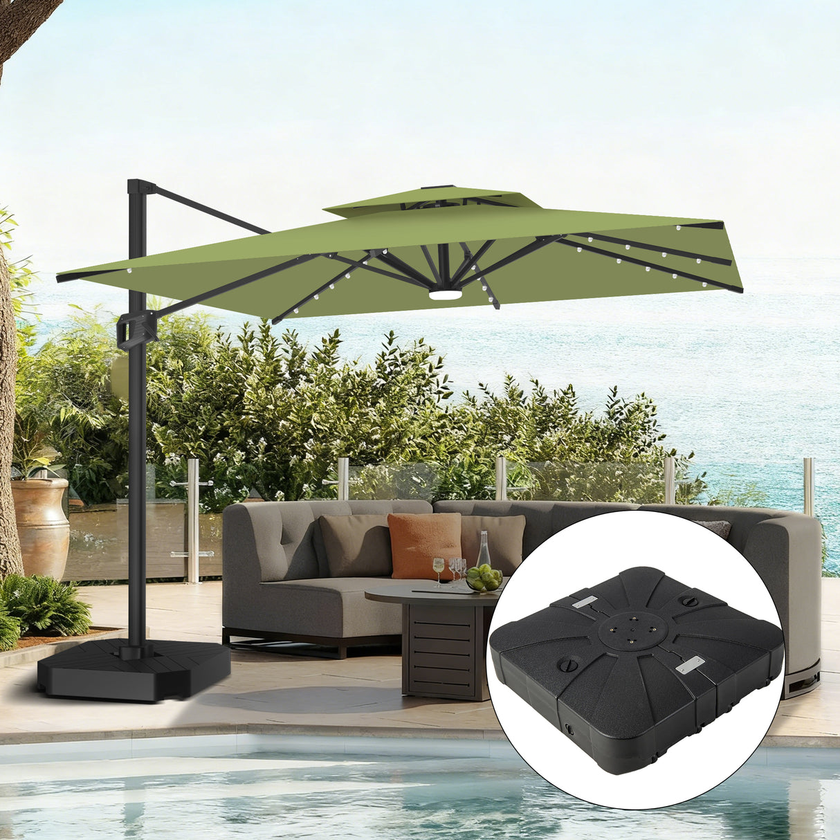 Patioslife Aegis Pro Cantilever Umbrella with LED Lights, Reinforced & Powder-Coated Aluminium Ribs and Pole — Perfect for Garden & Patio
