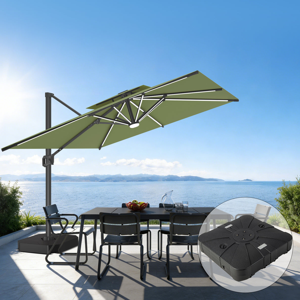 Patioslife Aegis Premium Cantilever Umbrella with Full-Rib LED Strip Lighting, Fibreglass Ribs and Powder-Coated Aluminium Pole for Luxury Garden & Patio Shade
