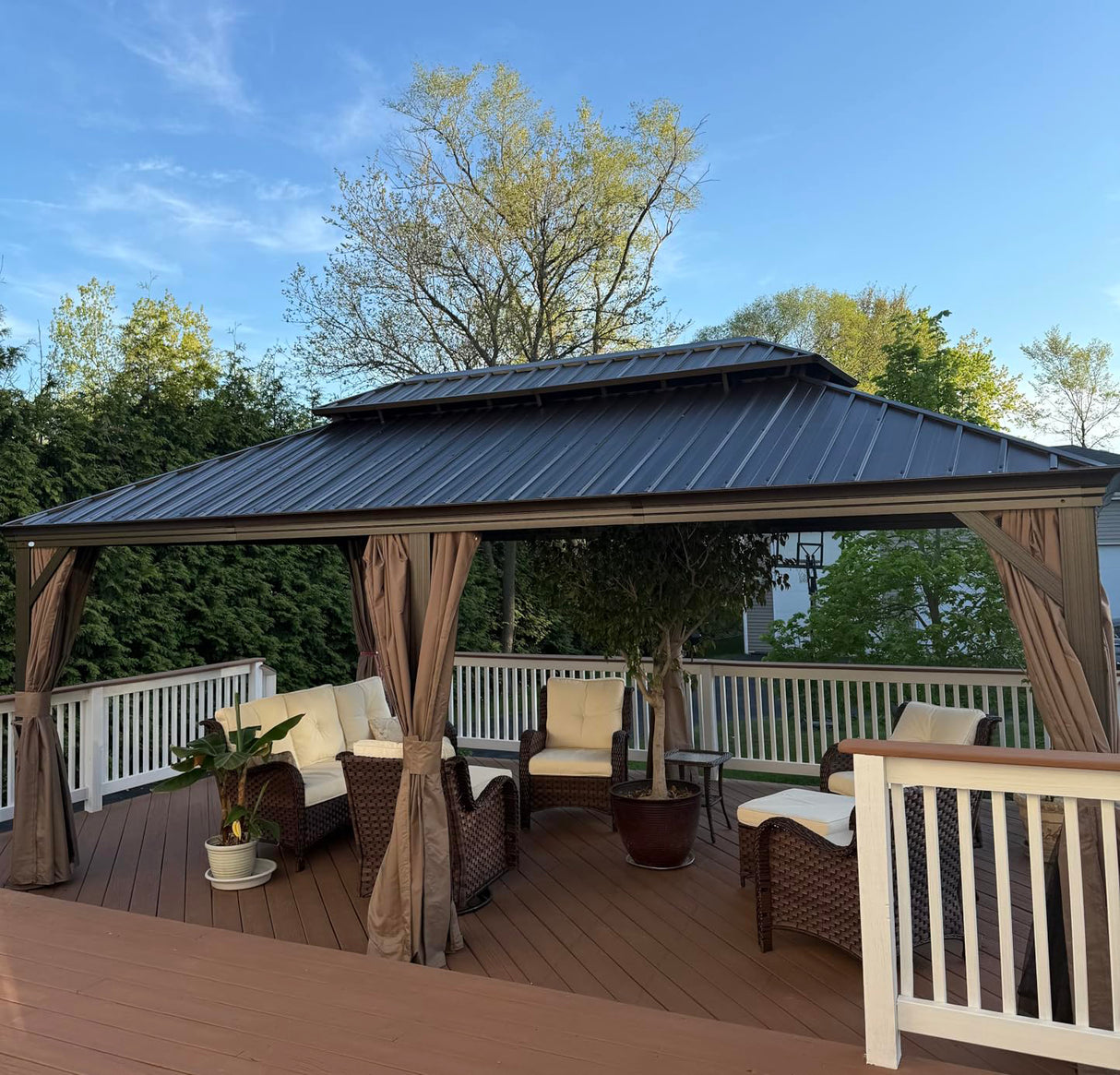 Patioslife Haven | Hardtop Gazebo with Drainage Gutters Aluminum Frame, Double Vented Roof & Curtains, Patio Pergola for Garden or Backyard