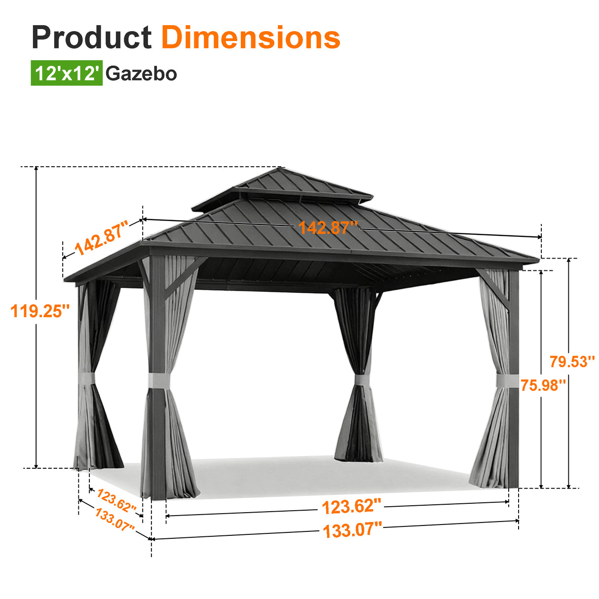 Patioslife Haven Hardtop Gazebo – 4.7" x 4.7" Aluminum Posts, Galvanized Steel Roof with Built-in Drainage Gutters, Double Vented Roof, Curtains & Netting for Backyard or Garden