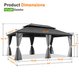 Patioslife Haven Hardtop Gazebo – 4.7" x 4.7" Aluminum Posts, Galvanized Steel Roof with Built-in Drainage Gutters, Double Vented Roof, Curtains & Netting for Backyard or Garden