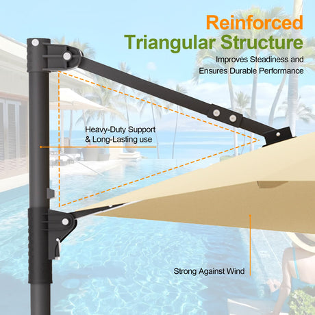 Cantilever Patio Umbrella,patioslife,Poolside,Outdoor Leisure Area,Outdoor Kitchen or Dining Area,Garden Pathway,Rooftop Terrace,Sun Shading & Light Contro,Space Definition,LED,reinforced triangular structure, pool background