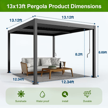 13x13ft Aluminium Louvered Pergola,patioslife,Poolside,Outdoor Leisure Area,Outdoor Kitchen or Dining Area,Garden Pathway,Rooftop Terrace,Sun Shading & Light Contro,Space Definition