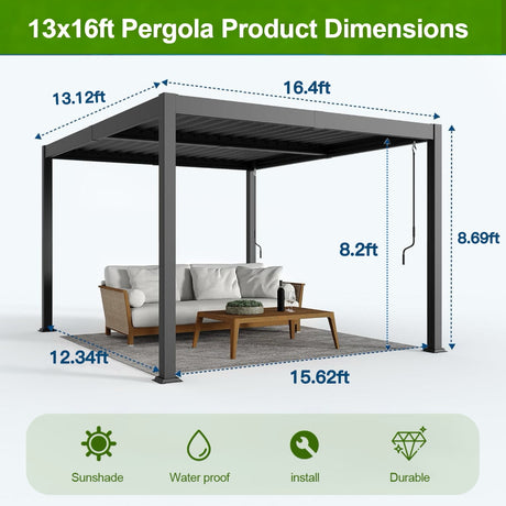 13x16ft Aluminium Louvered Pergola,patioslife,Poolside,Outdoor Leisure Area,Outdoor Kitchen or Dining Area,Garden Pathway,Rooftop Terrace,Sun Shading & Light Contro,Space Definition