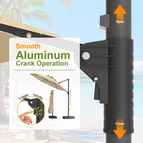 Cantilever Patio Umbrella,patioslife,Poolside,Outdoor Leisure Area,Outdoor Kitchen or Dining Area,Garden Pathway,Rooftop Terrace,Sun Shading & Light Contro,Space Definition,LED,smooth aluminum crank operation 