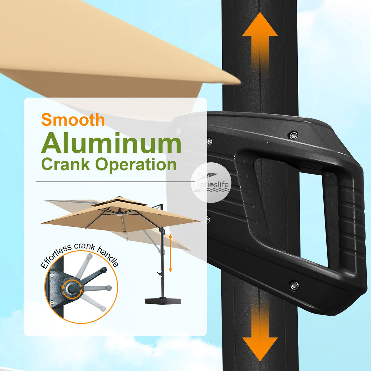 Umbrella with black crank handle and text about smooth aluminum crank operation on a blue background,patioslife,Poolside,Outdoor Leisure Area,Outdoor Kitchen or Dining Area,Garden Pathway,Rooftop Terrace,Sun Shading & Light Contro,Space Definition,LED