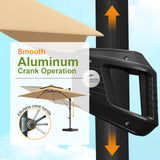 Umbrella with black crank handle and text about smooth aluminum crank operation on a blue background,patioslife,Poolside,Outdoor Leisure Area,Outdoor Kitchen or Dining Area,Garden Pathway,Rooftop Terrace,Sun Shading & Light Contro,Space Definition,LED