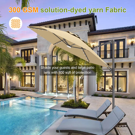 Cantilever Patio Umbrella,patioslife,Poolside,Outdoor Leisure Area,Outdoor Kitchen or Dining Area,Garden Pathway,Rooftop Terrace,Sun Shading & Light Contro,Space Definition,LED,300 GSM solution-dyed yarn fabric