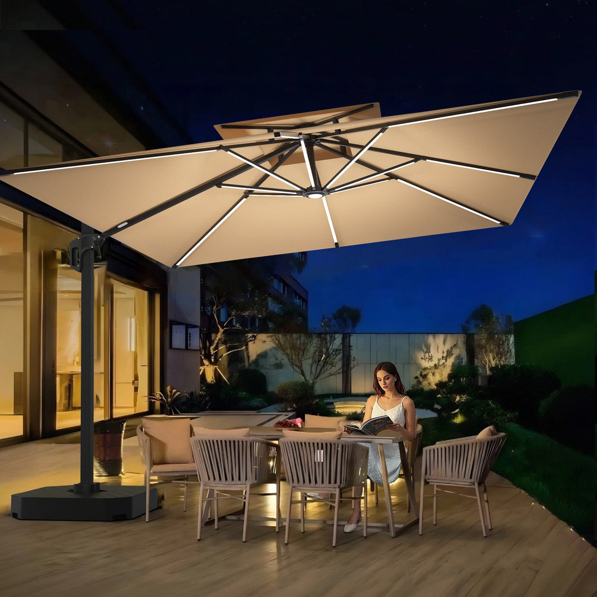 Patioslife Aegis Premium Cantilever Umbrella with LED Strip Lights, Fibreglass Ribs, Powder-Coated Aluminium Pole & Protective Cover — Luxury Garden & Patio Shade
