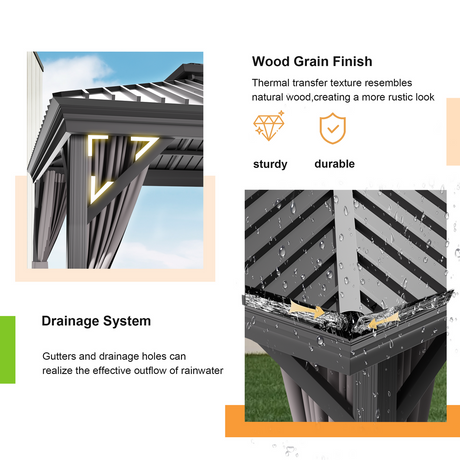  12' x 16' ，Outdoor Pergola Gazebo, patioslife，Durable Aluminium Hardtop with Double Roof Ventilation & Side Drapes, wood grain finish ,drainage system 