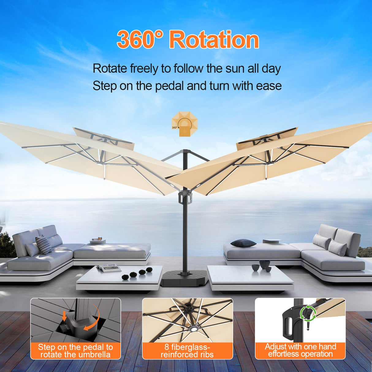 Patioslife Aegis Premium Cantilever Umbrella with LED Strip Lights, Fibreglass Ribs, Powder-Coated Aluminium Pole & Protective Cover — Luxury Garden & Patio Shade