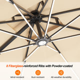 Cantilever Umbrella,patioslife,Poolside,Outdoor Leisure Area,Outdoor Kitchen or Dining Area,Garden Pathway,Rooftop Terrace,Sun Shading & Light Contro,Space Definition,led,8 fiberglass-reinforced ribs with power-coated