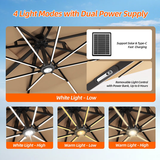 Cantilever Umbrella,patioslife,Poolside,Outdoor Leisure Area,Outdoor Kitchen or Dining Area,Garden Pathway,Rooftop Terrace,Sun Shading & Light Contro,Space Definition,led,4 light modes and power bank features.