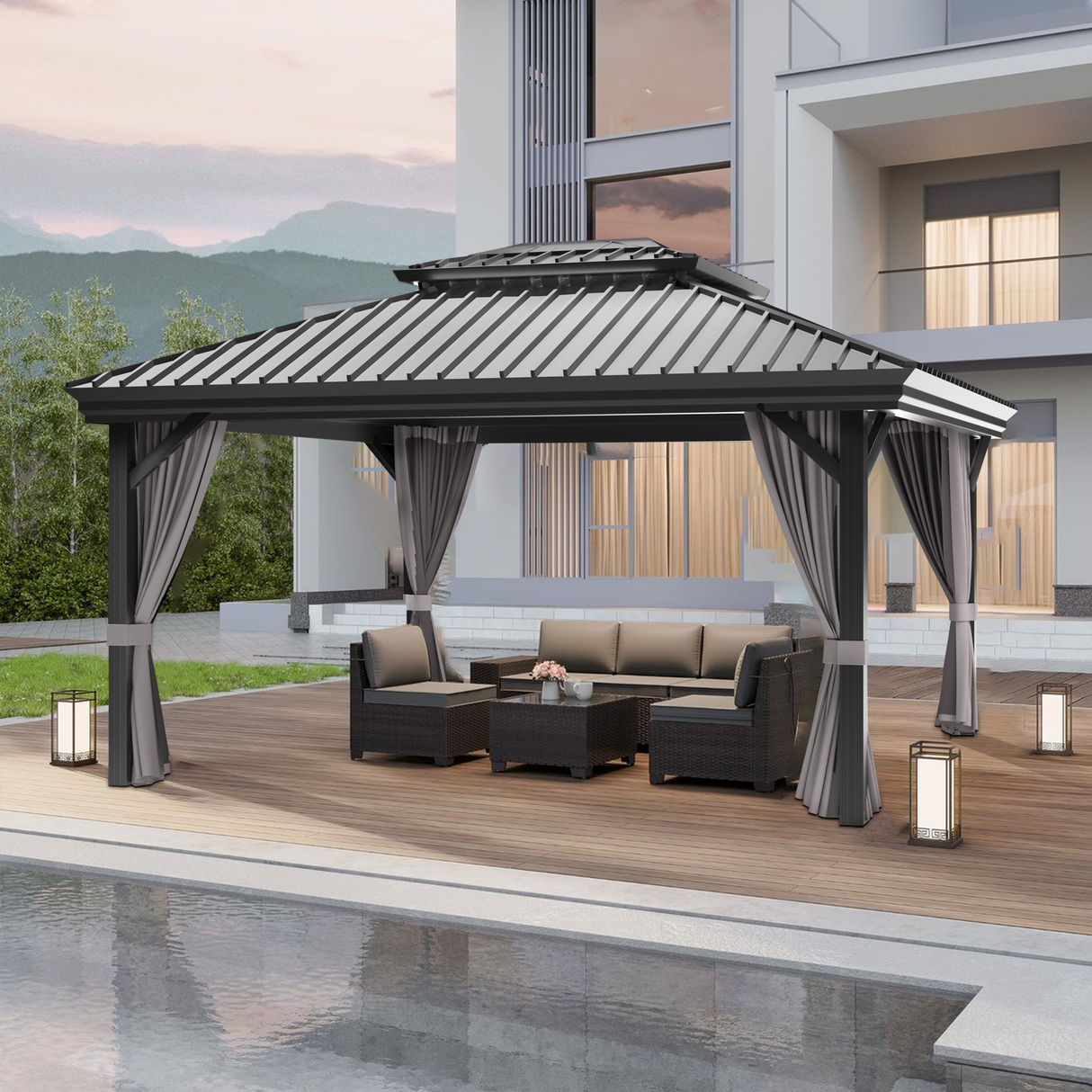 Patioslife Haven | Hardtop Gazebo with Drainage Gutters Aluminum Frame, Double Vented Roof & Curtains, Patio Pergola for Garden or Backyard