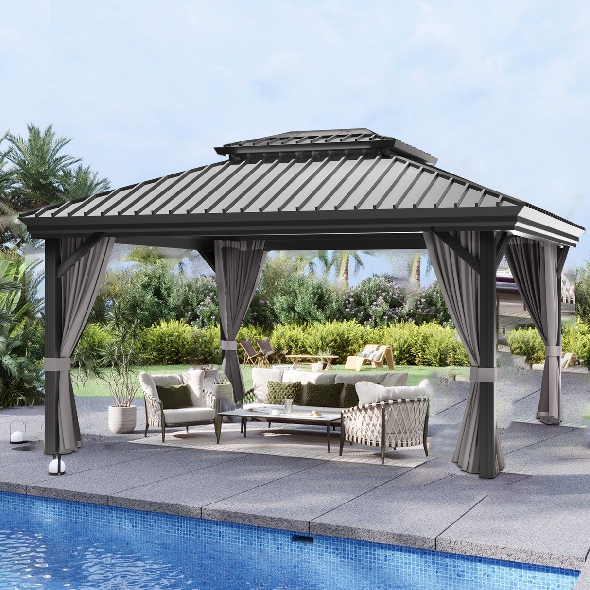 Patioslife Haven | Hardtop Gazebo with Drainage Gutters Aluminum Frame, Double Vented Roof & Curtains, Patio Pergola for Garden or Backyard