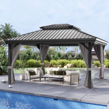 Patioslife Haven | Hardtop Gazebo with Drainage Gutters Aluminum Frame, Double Vented Roof & Curtains, Patio Pergola for Garden or Backyard