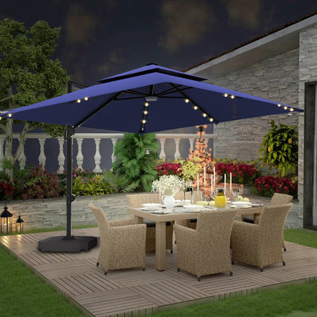 Outdoor patio set with a large blue umbrella,patioslife,Poolside,Outdoor Leisure Area,Outdoor Kitchen or Dining Area,Garden Pathway,Rooftop Terrace,Sun Shading & Light Contro,Space Definition,LED