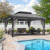 Patioslife Haven | Hardtop Gazebo with Drainage Gutters Aluminum Frame, Double Vented Roof & Curtains, Patio Pergola for Garden or Backyard