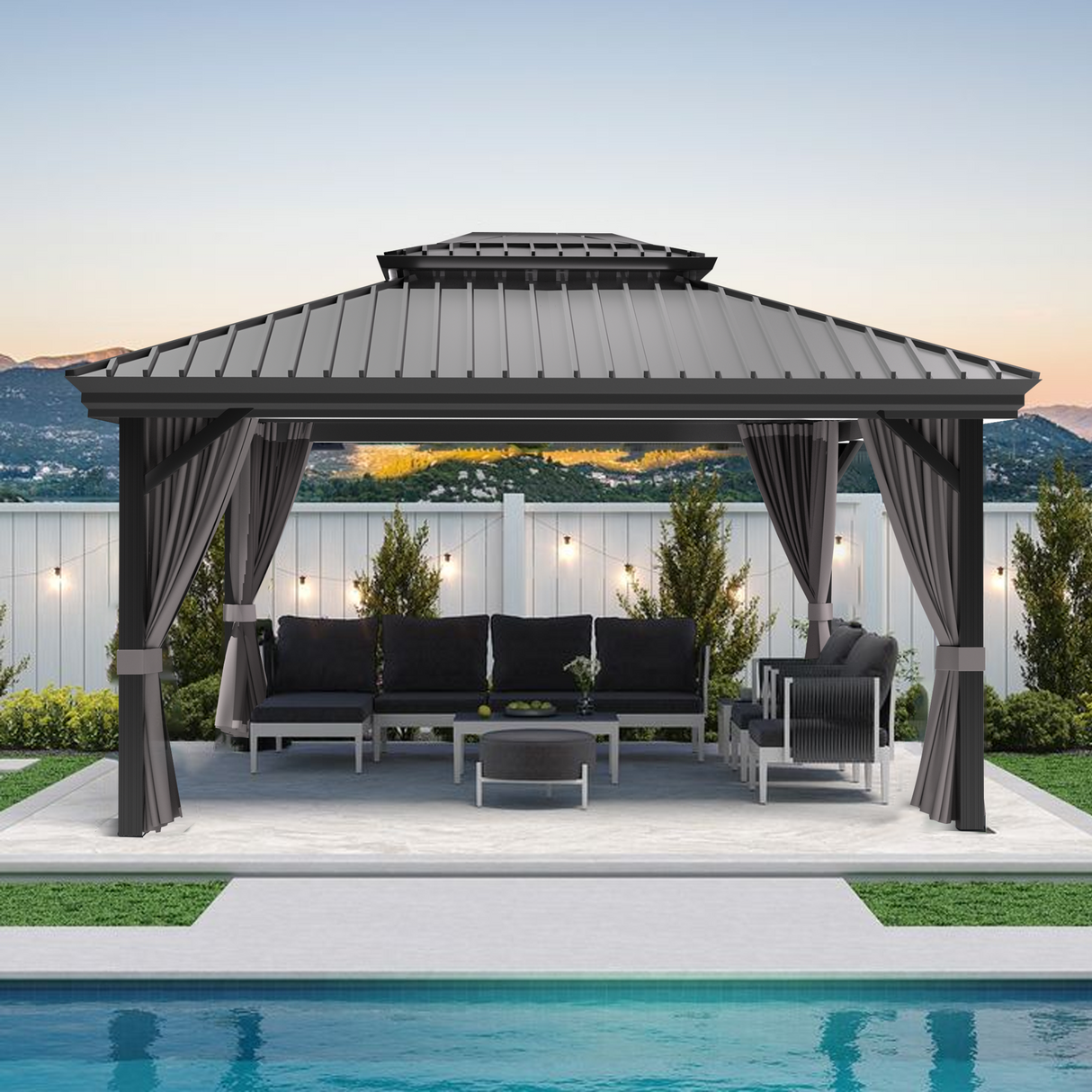 Patioslife Haven | Hardtop Gazebo with Drainage Gutters Aluminum Frame, Double Vented Roof & Curtains, Patio Pergola for Garden or Backyard