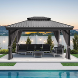 Patioslife Haven | Hardtop Gazebo with Drainage Gutters Aluminum Frame, Double Vented Roof & Curtains, Patio Pergola for Garden or Backyard