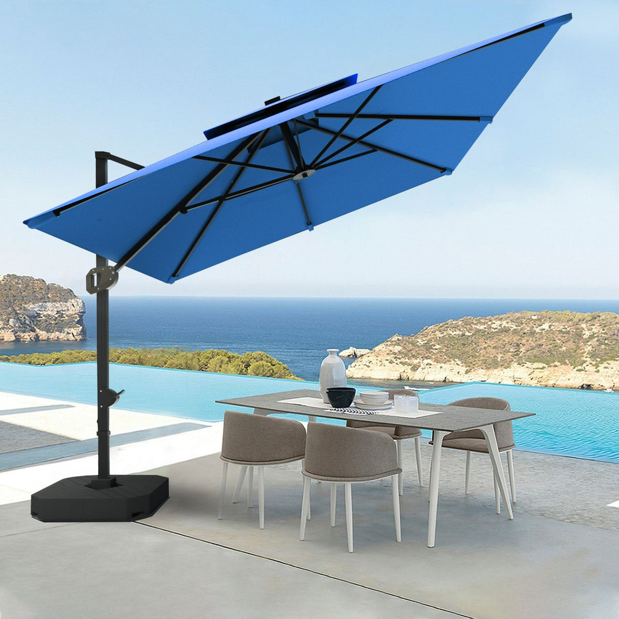 Blue Cantilever Patio Umbrella,patioslife,Poolside,Outdoor Leisure Area,Outdoor Kitchen or Dining Area,Garden Pathway,Rooftop Terrace,Sun Shading & Light Contro,Space Definition,base