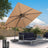 Beige patio umbrella with lights over outdoor furniture set against a scenic background,Cantilever umbrella,patioslife,Poolside,Outdoor Leisure Area,Outdoor Kitchen or Dining Area,Garden Pathway,Rooftop Terrace,Sun Shading & Light Contro,Space Definition,LED