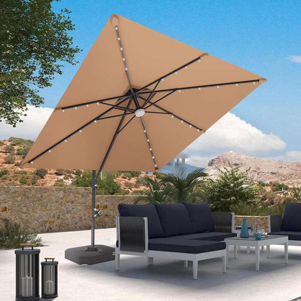 Beige patio umbrella with lights over outdoor furniture set against a scenic background,Cantilever umbrella,patioslife,Poolside,Outdoor Leisure Area,Outdoor Kitchen or Dining Area,Garden Pathway,Rooftop Terrace,Sun Shading & Light Contro,Space Definition,LED
