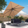 Beige patio umbrella with lights over outdoor furniture set against a scenic background,Cantilever umbrella,patioslife,Poolside,Outdoor Leisure Area,Outdoor Kitchen or Dining Area,Garden Pathway,Rooftop Terrace,Sun Shading & Light Contro,Space Definition,LED