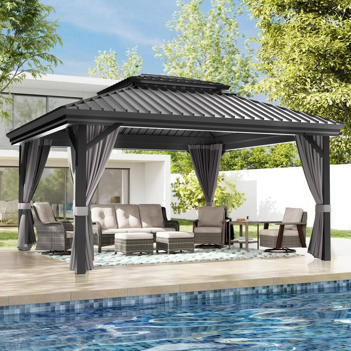Patioslife Haven | Hardtop Gazebo with Drainage Gutters Aluminum Frame, Double Vented Roof & Curtains, Patio Pergola for Garden or Backyard
