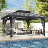 Patioslife Haven | Hardtop Gazebo with Drainage Gutters Aluminum Frame, Double Vented Roof & Curtains, Patio Pergola for Garden or Backyard