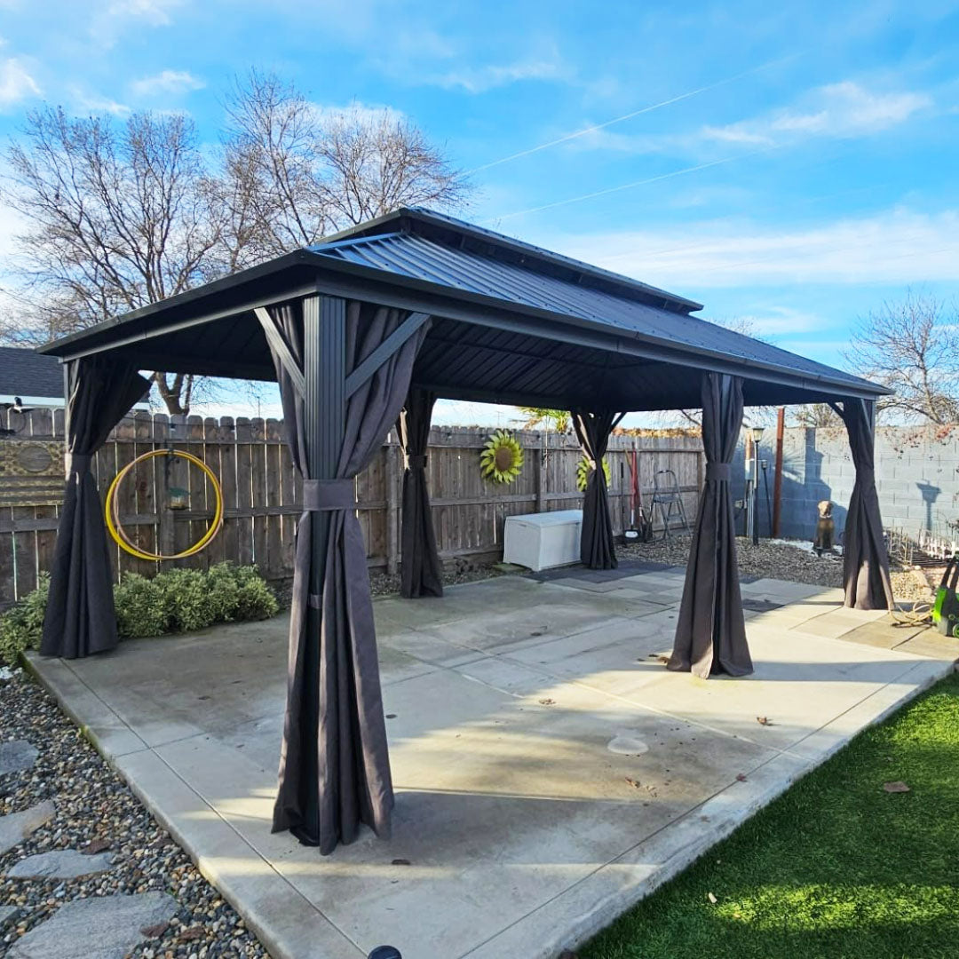 Patioslife Haven | Hardtop Gazebo with Drainage Gutters Aluminum Frame, Double Vented Roof & Curtains, Patio Pergola for Garden or Backyard