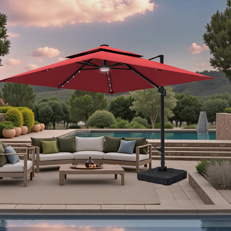 Red patio umbrella over outdoor furniture,patioslife,Poolside,Outdoor Leisure Area,Outdoor Kitchen or Dining Area,Garden Pathway,Rooftop Terrace,Sun Shading & Light Contro,Space Definition,LED