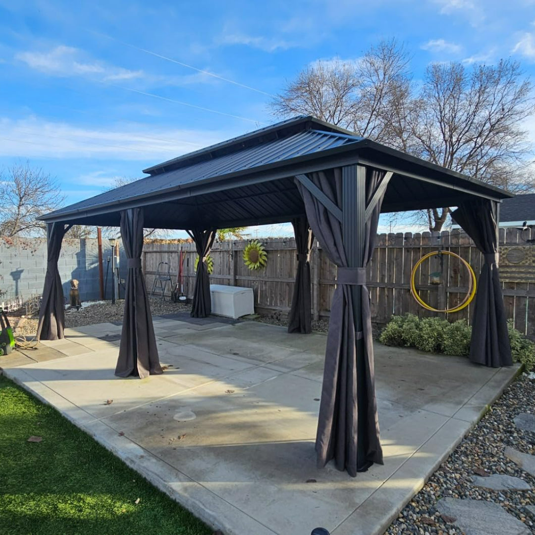 Patioslife Haven | Hardtop Gazebo with Drainage Gutters Aluminum Frame, Double Vented Roof & Curtains, Patio Pergola for Garden or Backyard