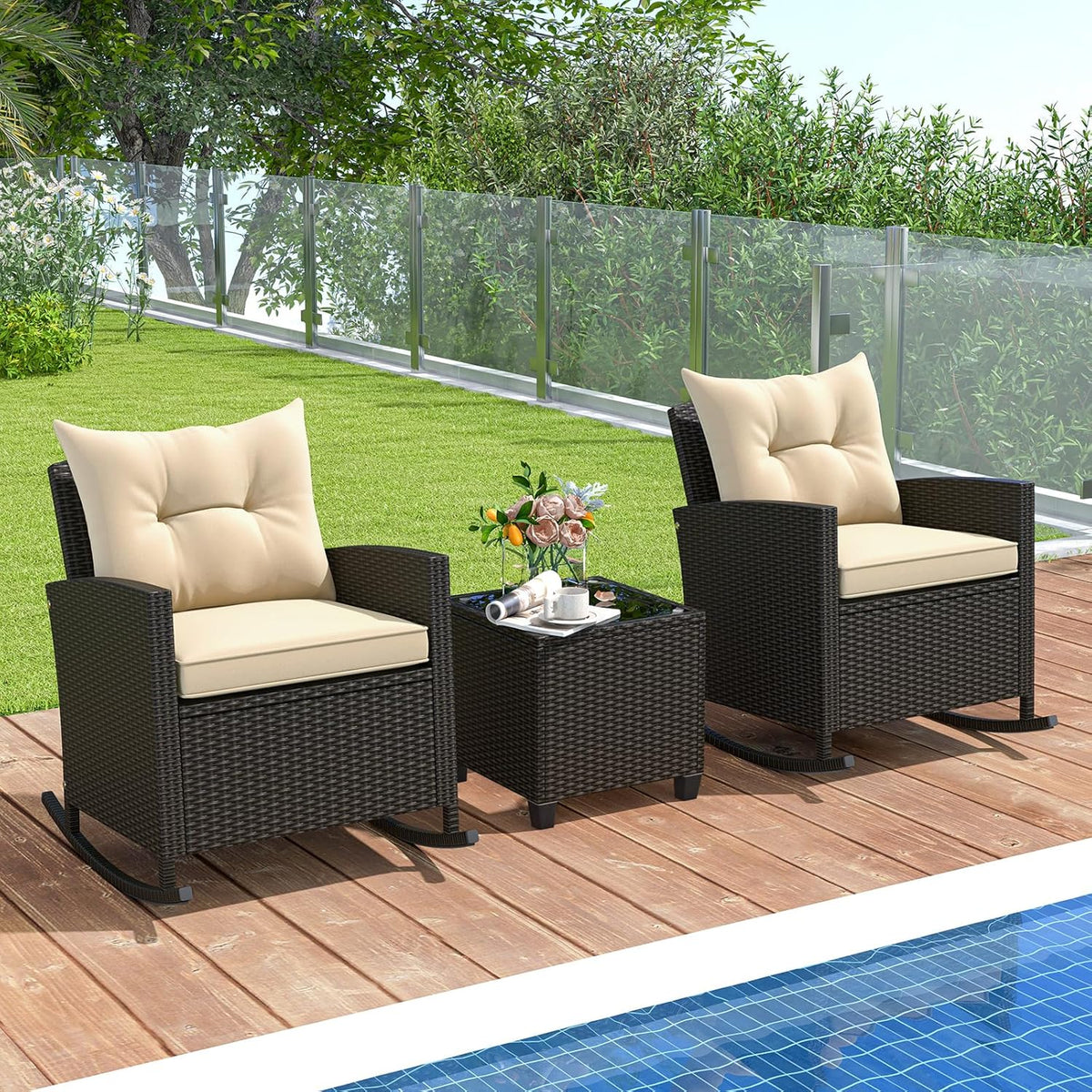 3-Piece Outdoor Wicker Rocking Chair Set – Patio Furniture with Soft C ...